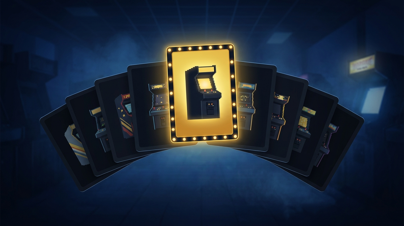 A glowing fanned-out deck of arcade-cabinet cards in a dim arcade hall, the central card lit in Bullion gold.