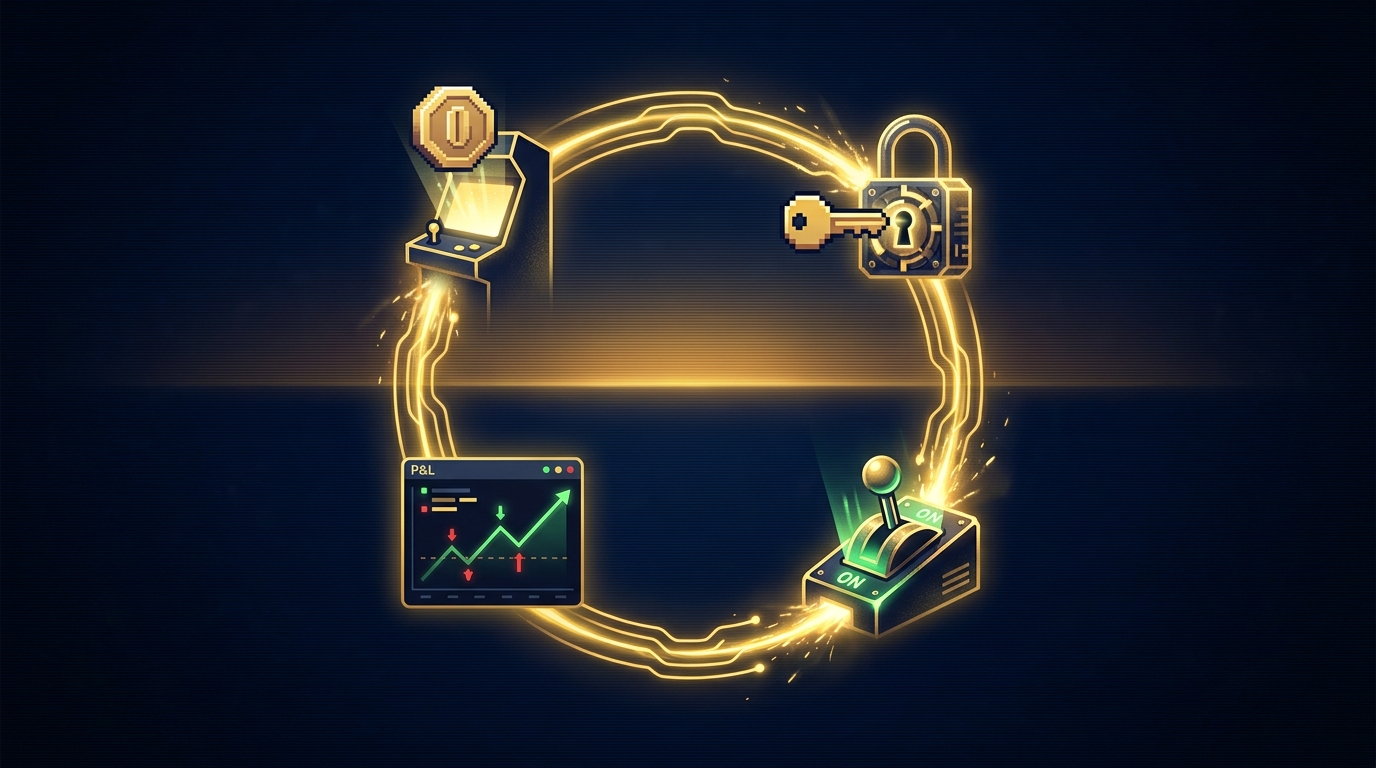 A glowing four-node loop: a coin/cabinet, a key/lock, a power switch, and a P&L chart connected by a circular Bullion-gold filament.