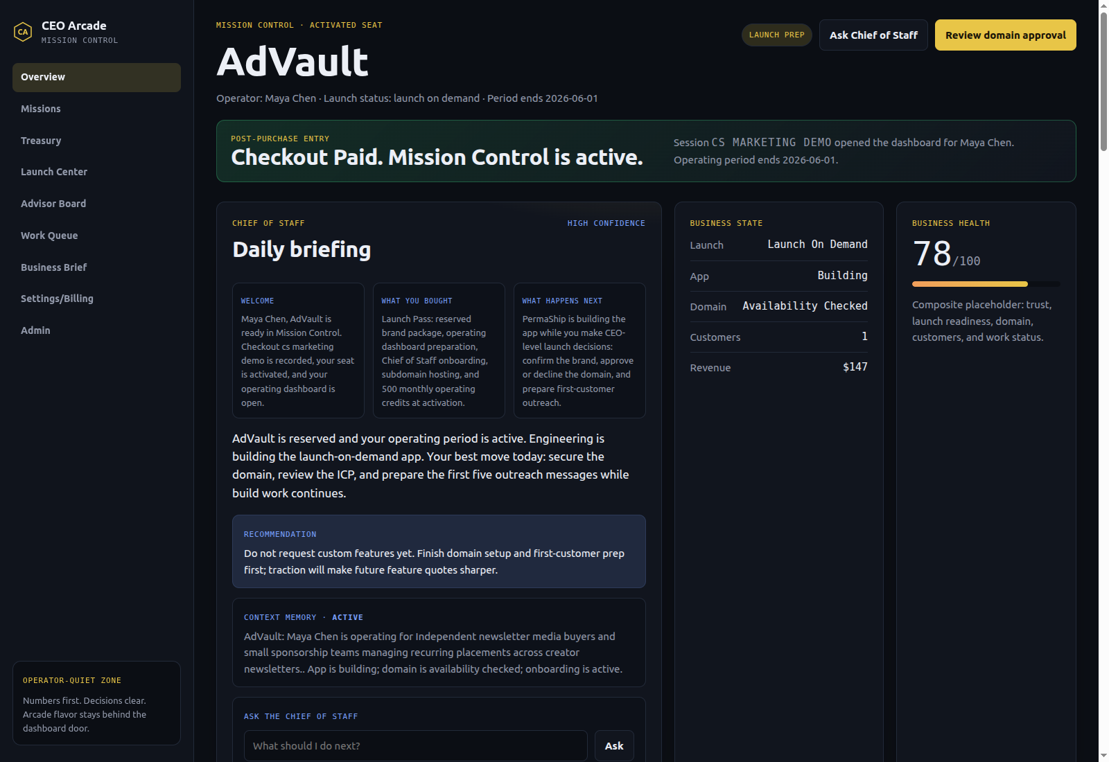 Mission Control home for the AdVault cabinet — Chief of Staff daily briefing alongside launch state, app status, domain availability, customer count, and a Business Health score of 78.