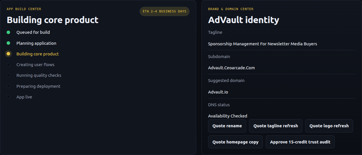 Two launch panels. Left: App Build Center showing the build pipeline — Queued, Planning, Building core product (active), Creating user flows, Quality checks, Deployment, App live — building in the background while you operate. Right: AdVault identity panel with tagline, subdomain advault.ceoarcade.com, suggested domain advault.io, DNS status Availability Checked, and quote buttons for rename, tagline refresh, logo refresh, homepage copy, and a 15-credit trust audit.