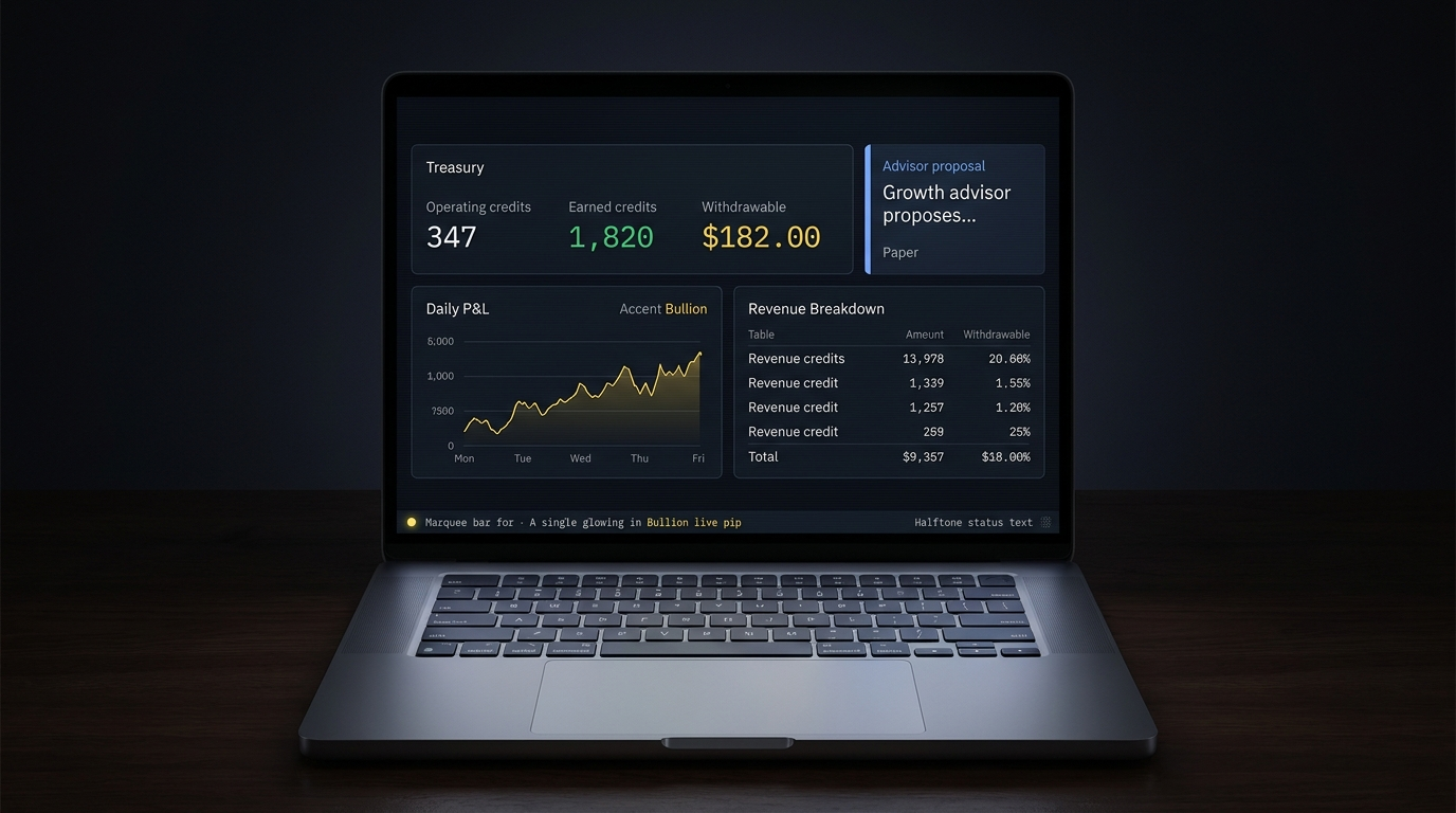 The CEO Arcade operator dashboard on a laptop — Treasury panel showing 347 operating credits, 1,820 earned credits, and $182 withdrawable, alongside a Daily P&L chart and an advisor proposal card.